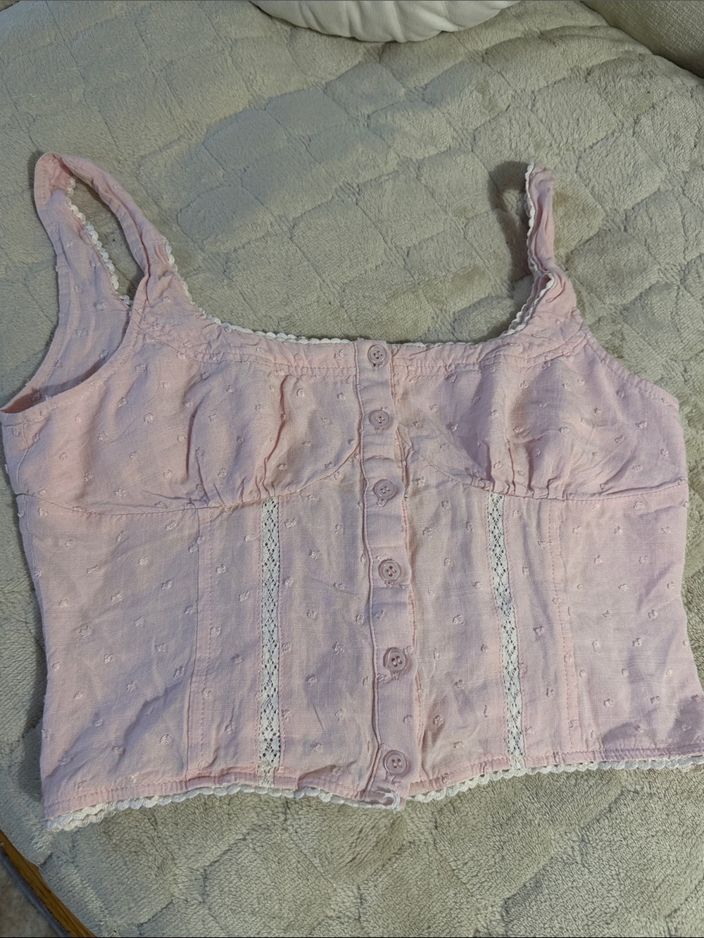 Pink Lace-Trim Button Front Tank Top